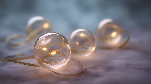Delicate clear spheres filled with illuminated golden ribbons create a soft ethereal glow