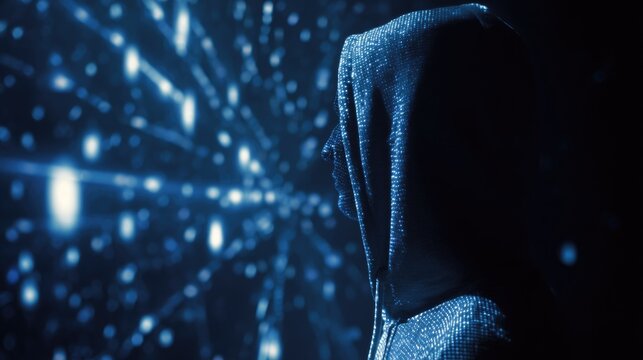 A hooded figure, illuminated by blue digital particles, stands against a dark, glowing network backdrop, symbolizing cybersecurity, anonymity, or digital identity.