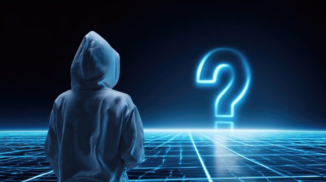A person in a hoodie confronts a luminous question mark on a futuristic grid, symbolizing exploration of cybersecurity, data mysteries, or the unknown in technology.