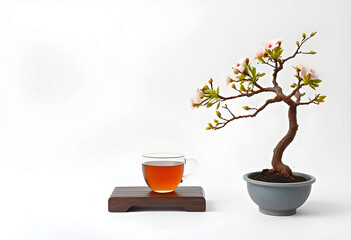 Flowering Bonsai Tree with Delicate Pink Blossoms Beside Tea Cup on Wooden Stand, Minimalist Zen Composition