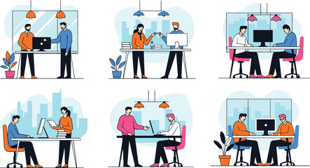 Set of six flat vector illustrations depicting diverse coworkers collaborating, discussing documents, and working together in a modern corporate office, symbolizing teamwork and business meetings