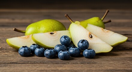 Vibrant blue blueberries mixed with fresh, ripe green and yellow pear slices on a rustic wooden surface, highlighting sweet summer produce ,produce ,natural ,berry
