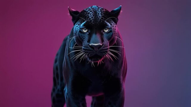 ネオングラデーションに浮かぶ黒豹の力強さと優雅さを際立たせたポートレート