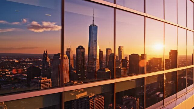 New York City Skyline Reflection at Sunset on Modern Building Windows.
