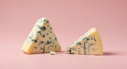 Vibrant blue cheese portions artfully arranged against a soft, pastel pink backdrop, highlighting its unique texture and color contrast ,blue ,green ,veins