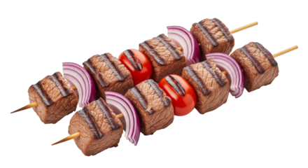 Grilled meat skewers with red onions and tomatoes on a wooden stick on transparent background