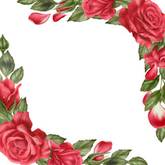 Red roses with drops,buds and leaves in a square frame in realistic style in watercolor technique as a symbol of love,passion,desire.Hand-drawn illustration for cards Valentines Day,Womans day