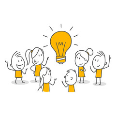 The Enthusiasm Of Workers Gathering Around A Bright And Big Idea Light Bulb That Emerged As A Product Of Teamwork.