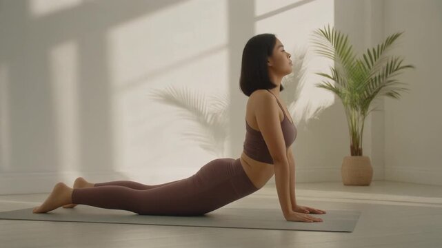 Yoga Workout Routine Demonstration by a Young Woman in a Bright Room.
