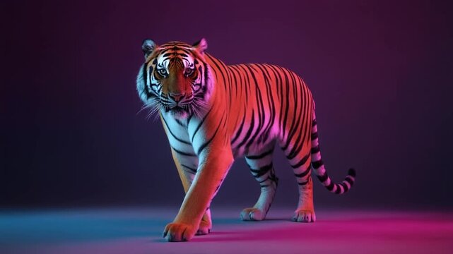 力強さを放つトラがネオングラデーションの光に映えるダイナミックシーン