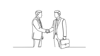 Continuous line drawing of two businessmen shaking hands with one holding a briefcase in white