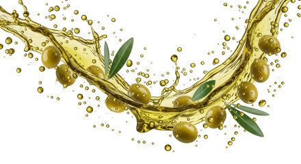 Splash of golden liquid with green olives and leaves in the air on transparent background