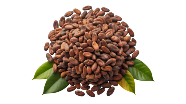 Pile of cacao beans with green leaves isolated on transparent background