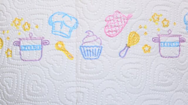 a decorative pattern on a paper towel product, featuring embroidered-style illustrations of kitchen and baking items