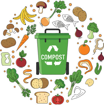 Green compost bin surrounded by organic food waste, fruit peels, and vegetable scraps, symbolizing recycling, sustainability, eco-friendly living, and environmental conservation vector illustration