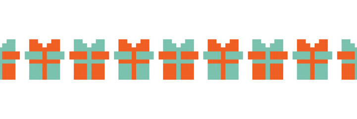 Seamless Gift Box Border in Vector Illustration. Seamless pattern of pixel art gift boxes in vibrant orange and teal.