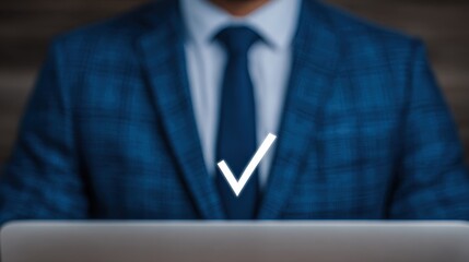 Businessman approving document on laptop for quality control standards office environment professional viewpoint