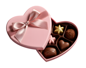 Heart shaped box of chocolates with pink ribbon isolated on transparent background