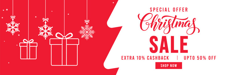 Festive red and white Christmas sale banner with hanging snowflake ornaments and gift boxes, modern holiday typography, special discount and cashback offer design, ideal for seasonal retail, web ads, 