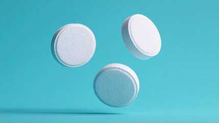 Floating white pills in chaotic angles studio setting 3d render blue background perspective concept