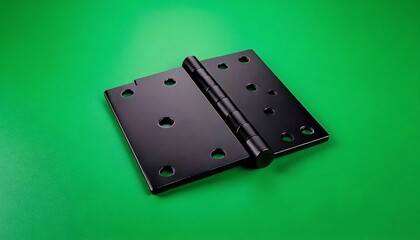 Black Metal Hinge on Green Background, Hardware Component.