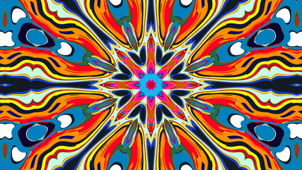 Vivid kaleidoscope design featuring abstract geometric shapes with a vibrant multicolored palette.