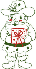 Whimsical Hand-drawn Vintage Cowboy Santa Claus Illustration with Gift