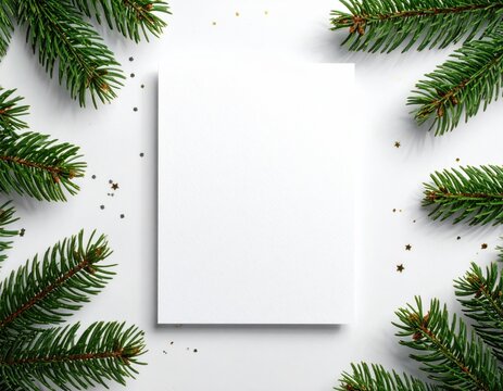 White blank card mockup rests centered on a clean background, framed by natural green pine branches and shiny festive gold glitter, ideal for winter holiday greetings. - Powered by Adobe