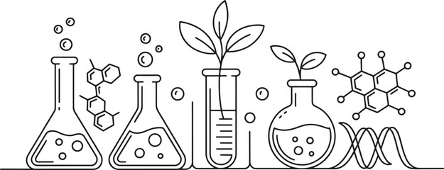 Chemistry laboratory equipment with molecular structures and D N A helix science research