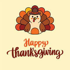 Cute cartoon turkey wearing a pilgrim hat with “Happy Thanksgiving” calligraphy on a beige background. Perfect for greeting cards, invitations, seasonal marketing, and festive designs.