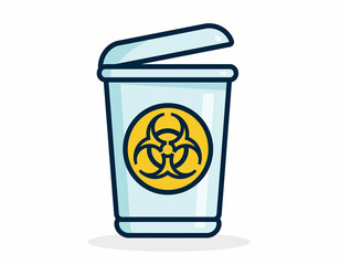 A light blue trash can with an open lid and a yellow biohazard symbol on the front.