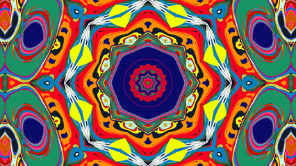 Kaleidoscopic geometric design with perfect symmetry and vibrant rainbow colors, creating a bold psychedelic visual effect. Ideal for digital art, music visuals, and retro designs.