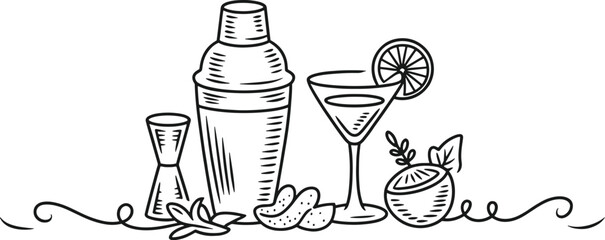 Hand drawn cocktail shaker martini glass jigger and garnish on white background drink