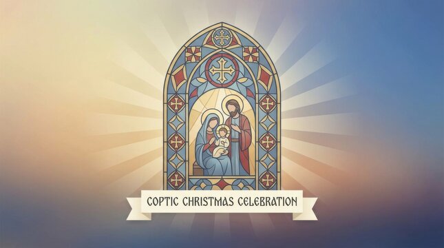 clean banner template for coptic christmas illustration template featuring stylised church window with light rays on soft gradient background with gentle glow