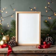Christmas Vertical Frame Mockup with Pine and Gift Boxes
