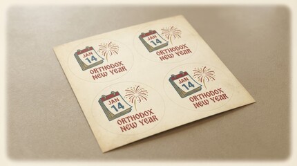 classic round sticker sheet template for orthodox new year illustration template featuring calendar page turning with small fireworks on light neutral background with soft vignette
