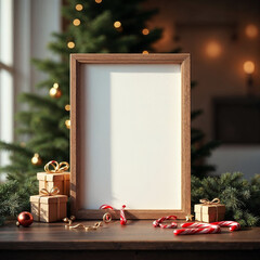 Top View Christmas Square Frame Mockup with Red Baubles