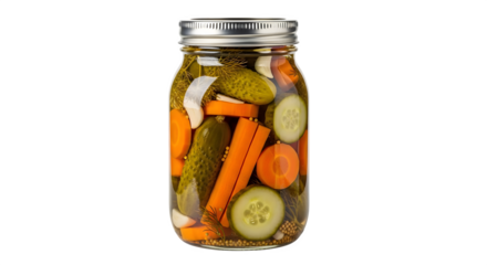 Glass jar filled with pickles and carrot slices. Isolated on a black background, the image is ideal for food photography, branding, or advertising use.