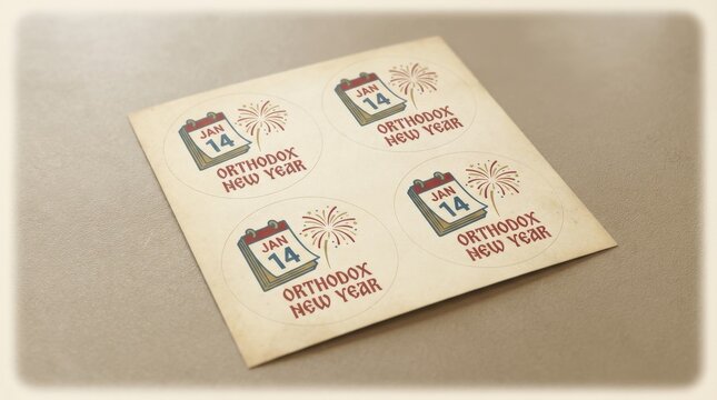 classic round sticker sheet template for orthodox new year illustration template featuring calendar page turning with small fireworks on light neutral background with soft vignette