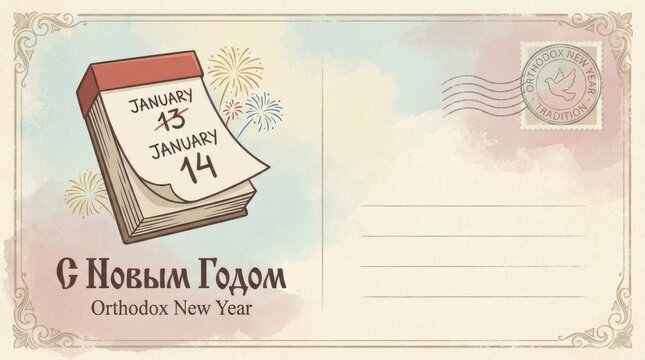 classic postcard template for orthodox new year illustration template featuring calendar page turning with small fireworks on simple pastel background with plenty of empty space