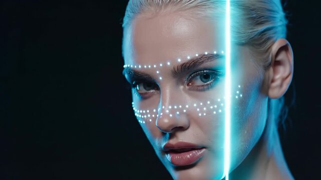 Woman displaying evolving neon blue facial patterns in close-up portrait sequence. Futuristic digital enhancement and cyber beauty concept for technology advertising visuals.