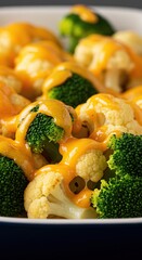 Vibrant broccoli florets and creamy cauliflower smothered in thick, molten, bubbly orange cheddar cheese sauce, baked to golden perfection ,appetizing ,nutrition ,hot