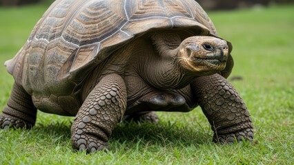 Obraz premium Giant tortoise on grass in natural habitat