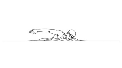 A single line drawing of a swimmer wearing a cap and goggles swimming in water with arm extended