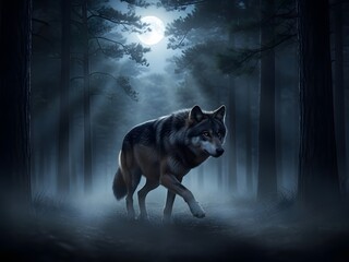 Lone wolf walking through a dark forest illuminated by moonlight