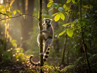 Fototapeta premium Lemur clinging to tree branch in lush green forest illuminated by sunlight