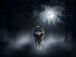 Majestic wolf stands beneath a bright full moon in a foggy forest scene