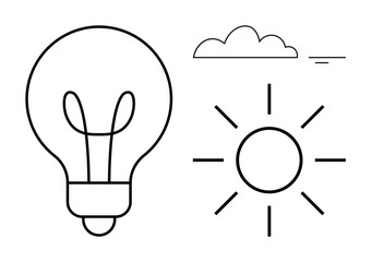 Energy concept. Minimalist black line art of a light bulb, sun, and cloud reflecting energy sources and sustainable ideas. Energy innovations, alternative power, and natural inspiration. Versatile