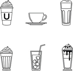 Coffee and cold drink outline icons set, latte, iced beverage, cappuccino, milkshake, smoothie, cafe menu graphics, reusable cup, straw glass, hand drawn bold line art