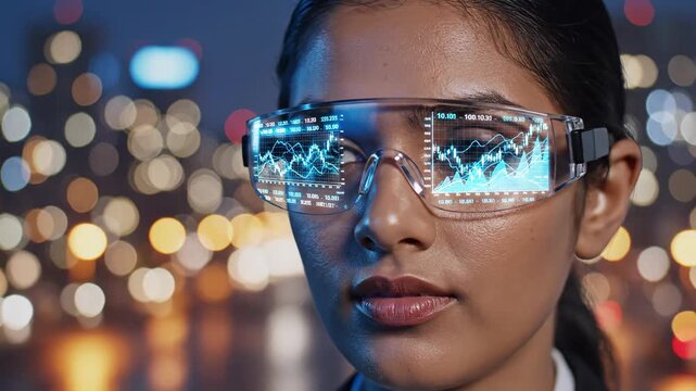 Extreme closeup of woman wearing augmented reality glasses. Digital overlays activate on urban night background. Futuristic technology for virtual experiences and advertising innovation.